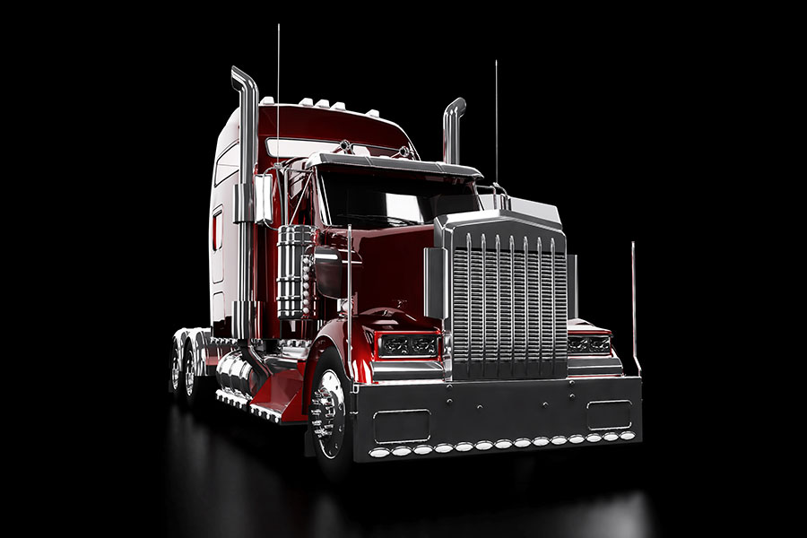 Amazing Feedback - View of a New Modern Dark Red Semi Truck with No Trailer on a Black Background
